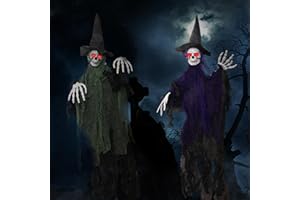 Abnaok Halloween duch, 2 sztuki dekoracji na Halloween, szkielet na zewnątrz, fioletowy + zielony, 105 x 85 cm - świecące czerwone oczy