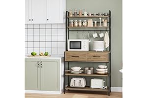 HOCSOK Étagère de Cuisine, Meuble Étagères de Rangement avec 5 Niveaux, 2 tirors, Support de Four à Micro-Ondes de Cuisine pour Ustensile, Marron Rustique