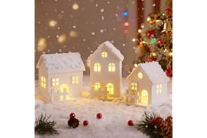 BSEICAL 3 sztuki drewniana wioska bożonarodzeniowa, miniaturowy dom, biały śnieg, mini oświetlenie LED na baterie, dekoracja bożonarodzeniowa, małe akcesoria anime, lampka nocna, prezent zimowy