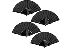 APOMOONS Folding Hand Fans, 4 Pcs Handheld Folding Fan, Black Folding Hand Fan for Women Men, Chinese Silk Fabric Handheld Fan for Wedding Party Decoration Birthday Gifts