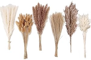 ANPROOR Decorazione in erba di pampas essiccata, 120 pezzi di erba di pampas con code di coniglio e fiori secchi, bouquet di erba di canna per matrimonio, fiori boho, decorazione della tavola domestica, 125