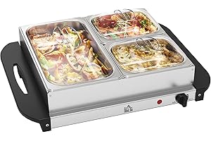 HOMCOM 3 Tray Electric Food Warmer Buffet Server with Warming Plate, Cool Touch Handles, Adjustable Temperature, 300W, 1 x 2.5L and 2 x 1L Pans