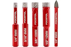 Zestaw wierteł diamentowych FOCSTOL 5 szt. 6/8/10/12 mm diamentowa otwornica z trzonkiem sześciokątnym + wiertło z węglika spiekanego 6 mm z chwytem trójkątnym do płytek porcelanowych, ceramicznych,