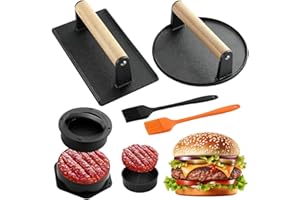 Yeqqzq 5PCS Smash Burger Press Kit, Cast Iron Burger Presses, 4 in 1 Stuffed Burger Mold, Sauce Brushes Included, Non Stick Smash Burger Press Set for Grill and Griddle Cooking
