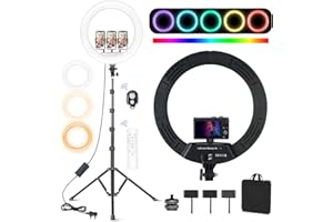 Ekasoco 18 inch LED Ring Light with Tripod Stand & 3 Phone Holder, 26 RGB Mode 2700K-7000K Dimmable Selfie Ring Light for Live Streaming, Makeup, Camera, Selfie,YouTube