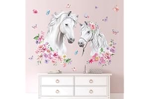 decalmile Stickers Muraux Fille Tête de Cheval Autocollant Mural Chevaux Fleur Papillon Décoration Murale Chambre Enfants Bébé Pépinière Salon