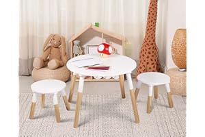 Albert Austin Wooden Children's Table with 2 Stools Set Kids Table and Chairs Set Round Kids Table Kids Furniture for Toddlers Activity Drawing Writing Playing Reading Art Crafts Nursery Playroom