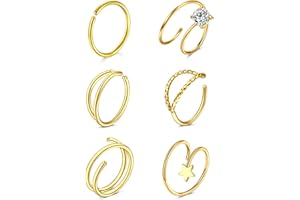 LAURITAMI 6pcs Double Hoop Nose Ring for Single Piercing Spiral 20G Thin Snug Earring Hoop 10mm Piercing Jewelry CZ Star