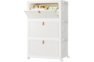 HOMIDEC Scatole Plastica con Coperchio e Ruote, Scatola Portaoggetti Pieghevole, Cassettiera Plastica, 33 L, 3 Unità, Adatto per Riporre Snack, Giocattoli, Libri, Vestiti, Bianco Crema