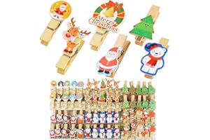 MEJOSER 60PCS Pinces à Linge Noël Photo Clips en Bois Décor avec 6pcs Corde en Jute Accessoires d'Albums Photo