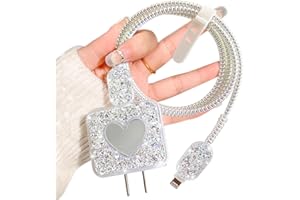DIYGODY Brillante Serie de Protección Cargador para iPhone, Protectores Cable Type-C para iPhone con Diseño de Lindo Corazón, Antimordedura de Perro y Gato, Gran Accesorios para Cargador de iPhone - Plateado