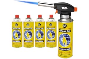 BARGAINS-GALORE Blow Torch with 4 Butane Gas Bottles - for Camping, Cooking, Kitchen, BBQ, Desserts, Creme Brulee | Refillable Flamethrower Welding Refill Auto Ignition Soldering Weed Burning Blowtorch Lighter