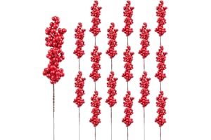 FINGOOO Artificial Red Berry Stems, 12 Pcs 9.05 inches/ 23cm Christmas Tree Picks Twigs for Xmas Tree Ornaments Wreath DIY Holiday Home Decorations