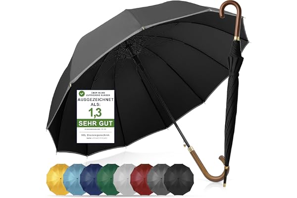 ADRIANO PORCARO® - Parapluie automatique - Coupe-vent avec tige en bois - Entretoise à 12 branches en fibre - Grand, solide et résistant au vent - 115 cm de diamètre