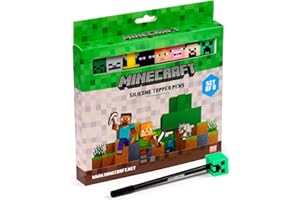 Puckator Minecraft - Set di 8 Penne con Topper in PVC Pixelato, Collezione Personaggi, Nero, Tratto Fine - Cancelleria per Scuola, Ufficio, Scrivania