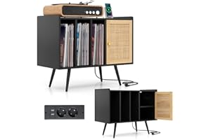 KOMFOTTEU Supporto per Giradischi con Stazione di Ricarica, Mobile Vinili con 3 Ripiani Aperti e Porta in Rattan, Espositore per Dischi con Ripiano Regolabile per Soggiorno, Studio (Nero)
