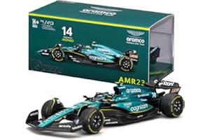 Bburago - Aston Martin AMR23#14 Fernando Alonso, Escala 1:43, Modelo a Escala con Casco y Vitrina, Detalles realistas, Licencia Oficial Aston Martin, Edad Recomendada 14+ años