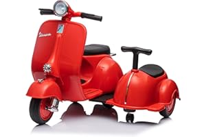 MR J toys&more Piaggio Vespa con Sidecar Small Elettrica 6V per Bambini con USB e luci mp3 Due posti Suoni e mp3 Elettrica (Rosso)
