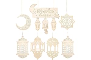 ‎KOIROI Holz Anhänger Ornament, 7 Stück Ramadan Deko, Ramadan Kareem Dekoration, Eid Mubarak DIY Dekoration Anhänger, Halbmond Sterne Ornament für Ramadan Eid Mubarak Dekorationen, Islam Deko