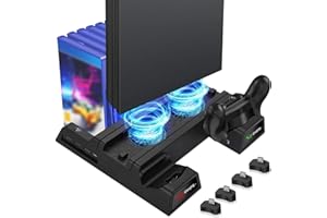 EEEKit PS4 Vertikaler Ständer Kühlung Lüfter, Vertical Stand Standfuß mit Lüfter, 2 Controller Ladesation, USB Hub, 12 Spiele Lagerung, Kompatibel mit PlayStation 4, PS4 Slim und Pro