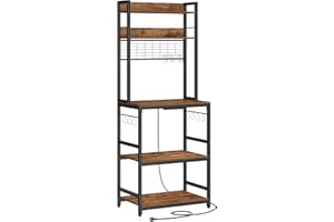 VASAGLE Étagère de Cuisine avec Multiprise, Support pour Micro-Ondes, Étagère de Rangement, avec Panneau Grillagé, 14 Crochets, 40 x 60 x 170 cm, Marron Rustique et Noir KKS037B01EU