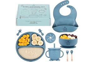 LILLY BELLY Baby Weaning Set – 9pc BPA Free Silicone Weaning Set with Suction Weaning Plate, Weaning Bowls, Sippy Cup, Weaning Bib, Weaning Spoons – Baby Led Weaning Kit for Babies & Toddlers – Blue