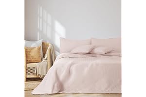 ‎AMELIAHOME AmeliaHome Narzuta z pomponami, 220 x 240 cm, dwustronna, pikowana, ultrasoniczna, poliester, Meadore pudrowy róż