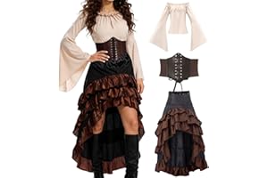 minkasic Mittelalter Piratenkostüm Set Mittelalter Kleid Damen mit Piraten Korsett Oberteil Rock Faschingskostüm für Halloween Karneval Cosplay