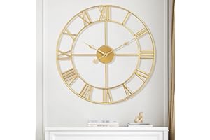 Maxstar Modern Roman Numerals Large Wall Clocks,Silent Non Ticking,Round,Metal,Vintage Wall Clock for Living Room,Kitchen,Bedrooms,Garden Decor-Golden 40cm