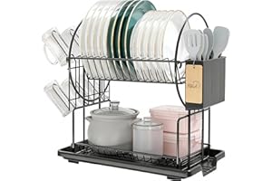 Ribech Scolapiatti a 2 Livelli in Acciaio Inossidabile Nero, con Portautensili e Vassoio Antigoccia, per una Cucina Ordinata e Asciutta