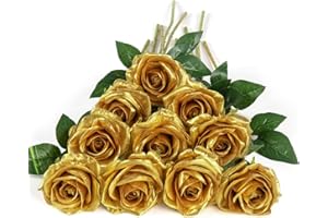 DuHouse 10Pcs Artificial Roses Fake Silk Flowers Realistic Bridal Bouquets with Single Long Plastic Stems for Arrangement Wedding Table Centerpiece Party Home Decor(Gold)
