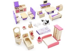SEKEPINGO Accessoires de maison de poupée - Meubles en bois - Meubles pièces avec mini figurines de chats - Armoire de poupée - 25 pièces - Accessoires de poupées - Jouets pour garçons, filles et tout-petits de