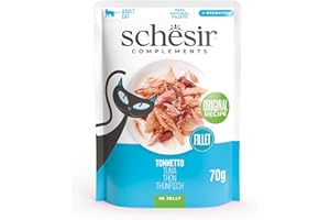 Schesir, Filetes de Atún en Gelatina, Comida Húmeda Complementaria para Gatos, en Bolsas, Receta Original, 100% Natural, 12 x 70g
