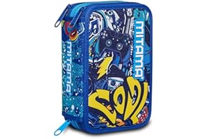 Mitama Estuche Escolar 3 Compartimientos - TRIPLO Speedy, Azul - con Material Incluido: Lápices, Bolígrafos y Marcadores - Gran Capacidad para Niños y Adolescentes