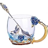 TKLake Lead-Free Enamel Flower Glass Mug/Coffee Mug/Tea Cup with Steel Spoon,Great Gifts for Women Wife Mum Teacher Girlfrien