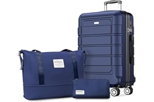 SHOWKOO Koffer Mittelgroß Hartschale Leicht ABS+PC Erweiterbar Reisekoffer Kabinen Haltbar Handgepäck Sets 4 Rollen TSA-Schloss mit 1 Reisetasche und 1 Kulturtasche, L -Blau
