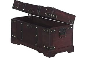 BIRENDY Skrzynia drewniana, skrzynia skarbów, skrzynia piracka, drobny mebel, z metalowymi okuciami, antyczny wygląd, drewno, różne rozmiary, dekoracyjna, wysokiej jakości, skrzynia kolonialna, styl kolonialny, drewniane pudełko, skrzynia z ozdobami i skórzanymi paskami, FD00387 Rozmiar: M do XXL (rozmiar M 40 cm x 19 cm x 22 cm)