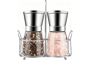 Atliberswo Set 2 Molinillos Especias con Soporte – 180ml Molinillo Sal & Pimienta en Vidrio y Acero Inoxidable con Molino de Cerámica, Ajustable, Utensilios Cocina para Hierbas y Especias