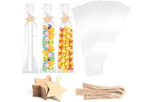 BUYSOW 100 Pezzi Sacchetti Cellophane Trasparenti, Bustine Trasparentis 31x7 cm con 100 Stelle e Spago da 5 m, Sacchettini Trasparenties per Candele Cioccolatini Caramelle Fiore Matrimoni Natale
