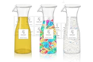 BLYEMICHDI Zestaw do przechowywania środków piorących, 3 x 591 ml, dozownik płynu do płukania w kształcie litery V, butelka PET na detergent, dozownik proszku do prania z 16 wodoszczelnymi etykietami do pralni