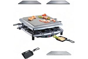 ‎STEBA Steba Raclette, Made in Germany, PFAS frei, Edelstahlgehäuse, 8 emaillierte Pfännchen, Wendbare, emaillierte Gusseisen-Grillplatte (geriffelt/glatt), 1450 Watt, RC 3 plus chrom