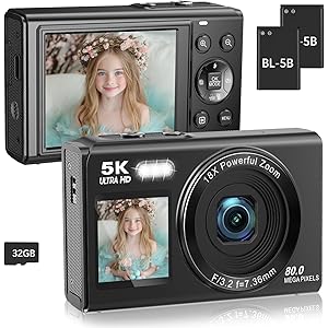 5K 80MP Digital Camera with Fill Light & 16X Zoom - Dual Screen Vlogging Camera for YouTube/Blogging, WiFi, 32GB TF Card, 2 Batteries, 2.8