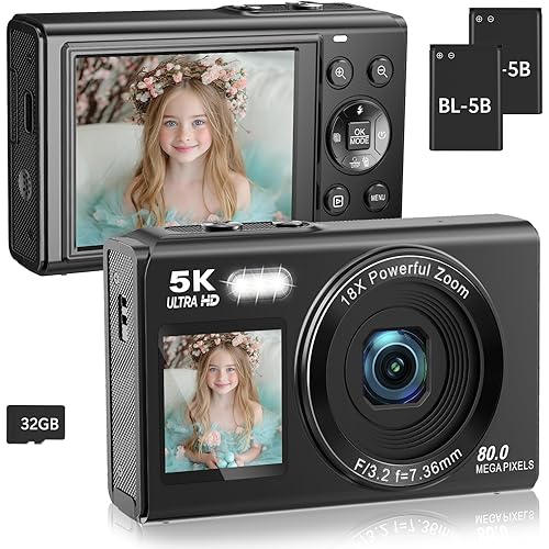 5K 80MP Digital Camera with Fill Light & 16X Zoom - Dual Screen Vlogging Camera for YouTube/Blogging, WiFi, 32GB TF Card, 2 Batteries, 2.8\