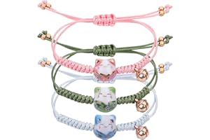 Yolev Lot de 3 bracelets chat Maneki Neko - Mignon Chat porte-bonheur - Perles en céramique - Bracelet porte-bonheur avec grelot réglable