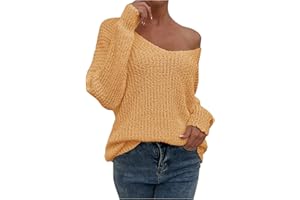 VEMOW Sexy V Neck Sweaters for Women Off Shoulder Jumper Long Sleeve Lightweight Knit Top Casual Loose Fit Fall Pullover Sweater