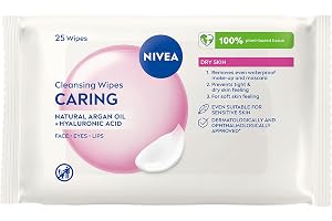 NIVEA Caring 3-in-1 Cleansing Face Wipes for Dry Skin (25 Sheets), Nourishing Face Cleanser and Makeup Wipes for Gentle Yet E