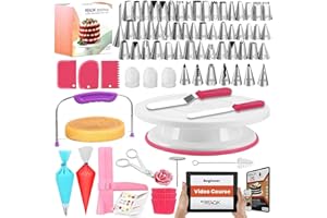 Cake Decorating Kit -RFAQK 200 PCs with Cake Turntable- Cake Leveler- 55 Numbered Piping Tips & Nozzles with Pattern Chart & E-Book- 110 Icings Bags-Straight & Offset Spatula-Scraper Set & Baking Kit