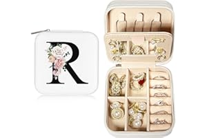 JEKUGOT Personalised Travel Jewellery Box - Alphabet Organiser, Small Portable Storage Case with Mirror - Birthday & Mothers Day Gift