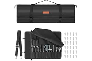 AKOZLIN Sac à couteaux de chef amélioré avec 10 emplacements et 1 grande poche zippée en toile cirée portable avec sangle réglable et 30 protections de pointes de couteau, noir, Noir , Organiseur de