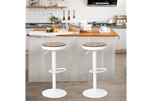 YOUNIKE Bar Stools, Solid Wood Counter Height Bar Stools Set of 2, Vintage High Barstools, Adjustable 360° Swivel Metal Bar Chairs, Breakfast Kitchen Stools, White